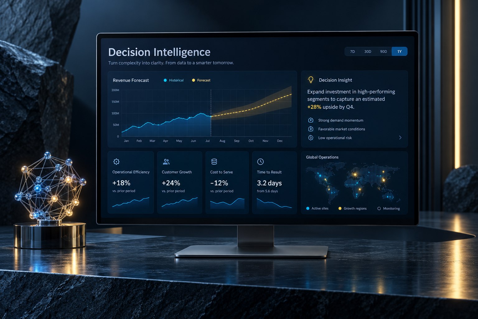 Concept illustration of a data intelligence workspace with analytical dashboards